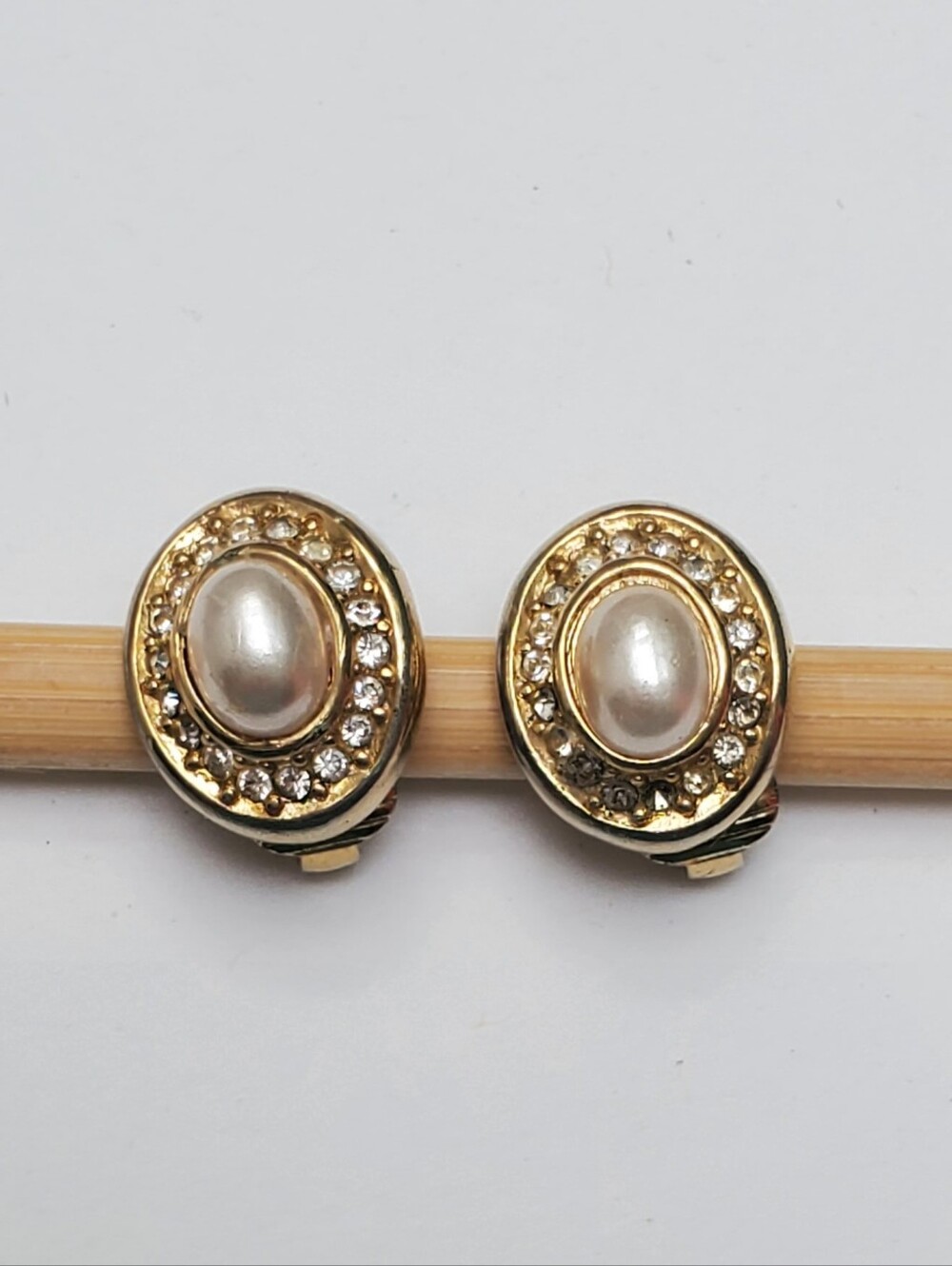 Vintage Dior Pearl and Rhinestones Halo Clip-On Earrings Goldtone 1980's